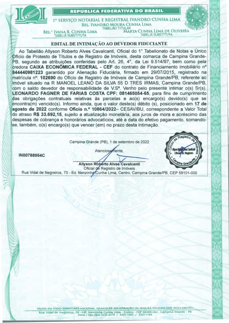 EDITAL DE INTIMAÇÃO AO DEVEDOR FIDUCIANTE