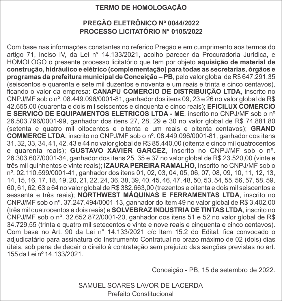 PREFEITURA MUNICIPAL DE CONCEIÇÃO – TERMO DE HOMOLOGAÇÃO – PREGÃO ELETRÔNICO Nº 0044/2022