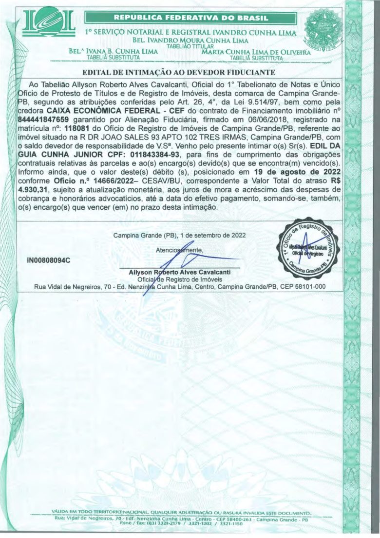 EDITAL DE INTIMAÇÃO AO DEVEDOR FIDUCIANTE