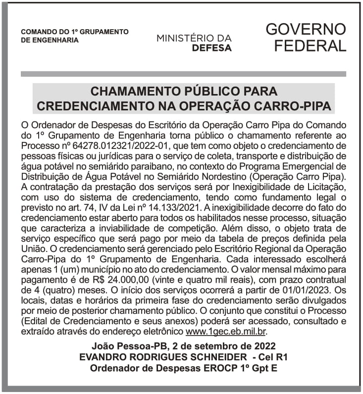 CMDO 1° GPTE – JOÃO PESSOA – PB – EDITAL CREDENCIAMENTO OPERAÇÃO CARRO-PIPA 2023 UG 160176