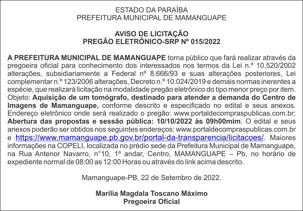 PREFEITURA MUNICIPAL DE MAMANGUAPE – AVISO DE LICITAÇÃO – PREGÃO ELETRÔNICO-SRP Nº 015/2022