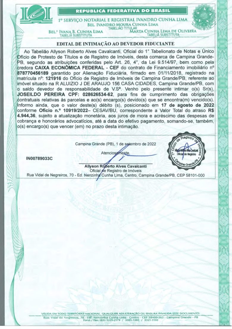 EDITAL DE INTIMAÇÃO AO DEVEDOR FIDUCIANTE
