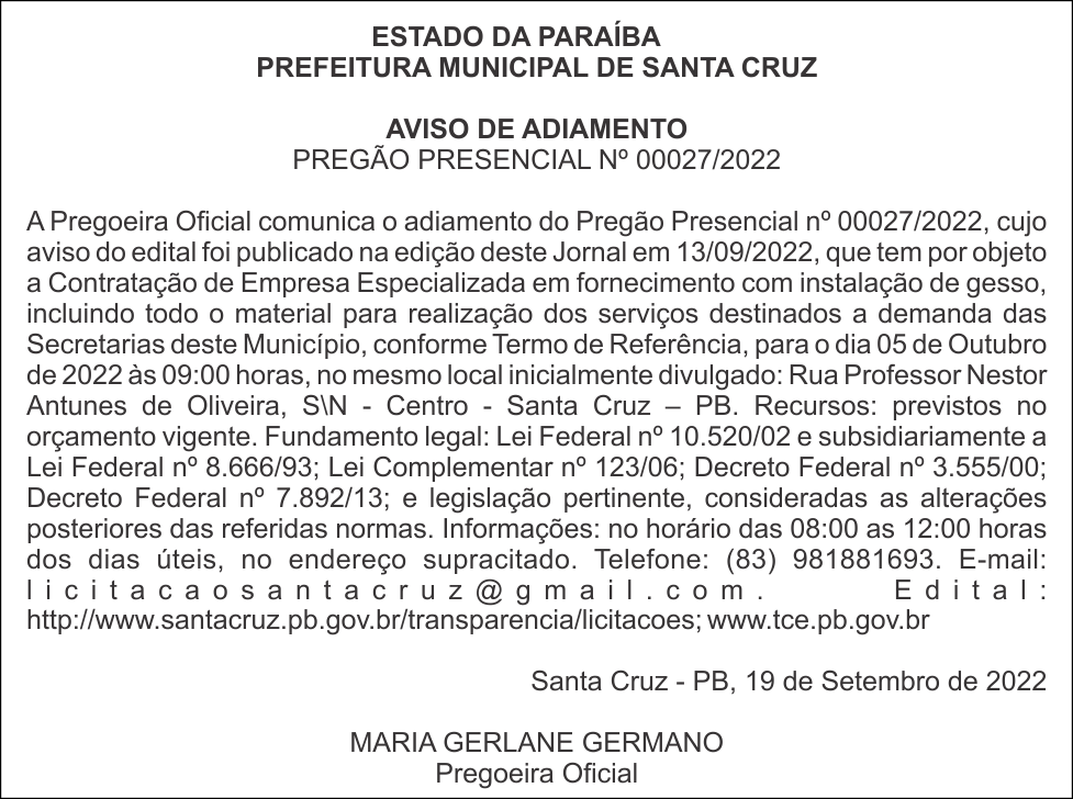 PREFEITURA MUNICIPAL DE SANTA CRUZ – AVISO DE ADIAMENTO PREGÃO PRESENCIAL Nº 00027/2022