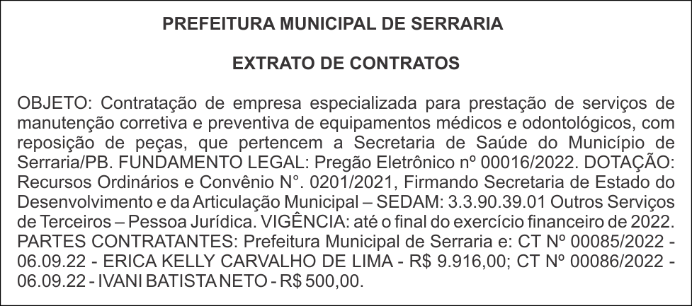 PREFEITURA MUNICIPAL DE SERRARIA – EXTRATO DE CONTRATOS