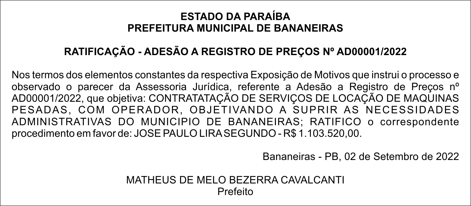 PREFEITURA MUNICIPAL DE BANANEIRAS – RATIFICAÇÃO – ADESÃO A REGISTRO DE PREÇOS Nº AD00001/2022