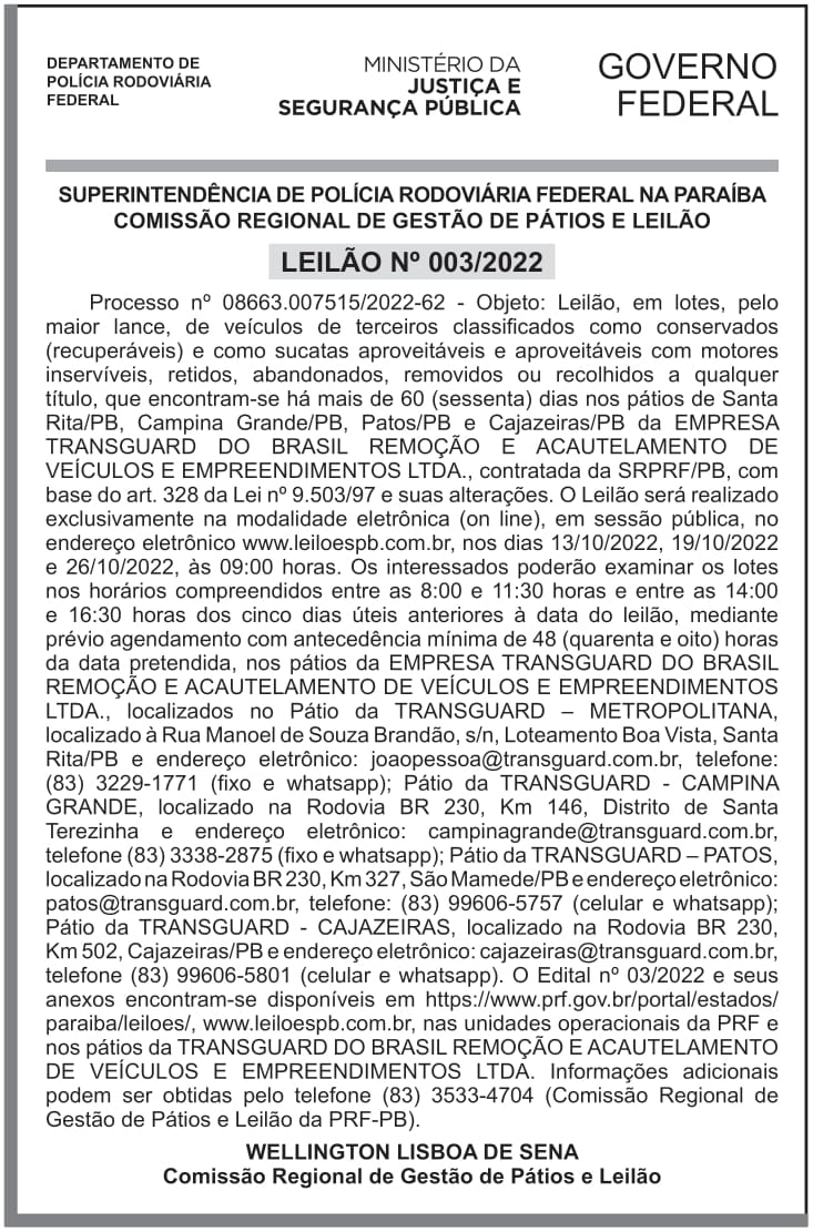 SRPRF – PB – 14° SR – JOÃO PESSOA – LEILÃO N° 03/2022