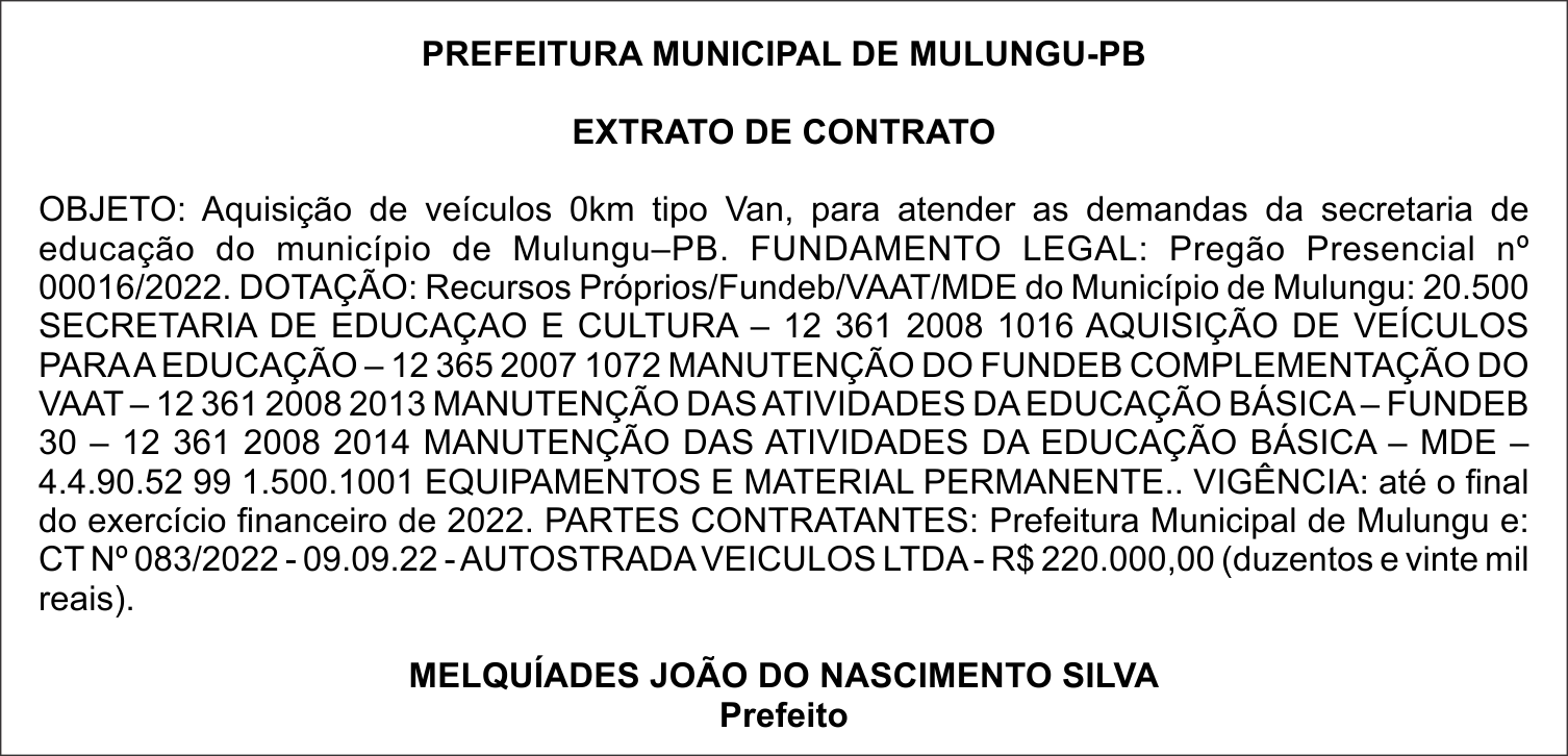 PREFEITURA MUNICIPAL DE MULUNGU-PB – EXTRATO DE CONTRATO