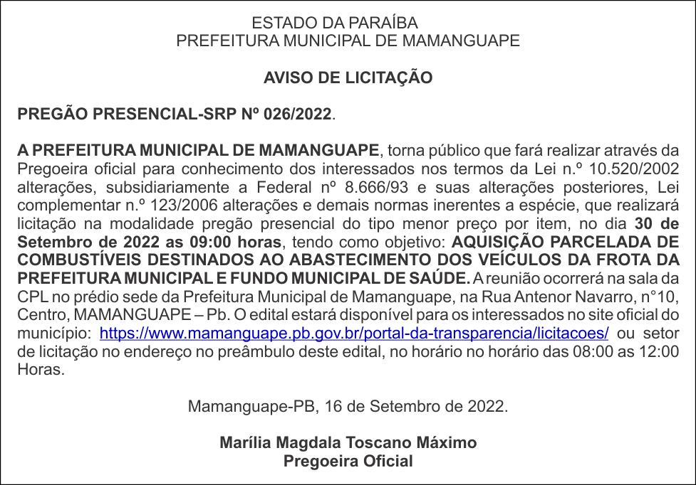 PREFEITURA MUNICIPAL DE MAMANGUAPE – AVISO DE LICITAÇÃO – PREGÃO PRESENCIAL-SRP Nº 026/2022.