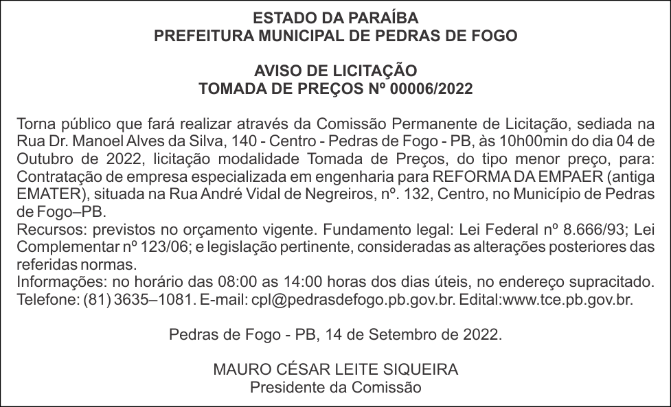 PREFEITURA MUNICIPAL DE PEDRAS DE FOGO – AVISO DE LICITAÇÃO – TOMADA DE PREÇOS N° 00006/2022
