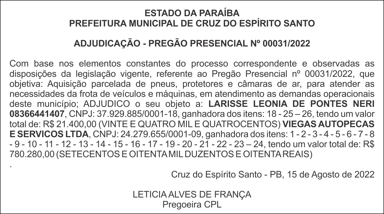PREFEITURA MUNICIPAL DE CRUZ DO ESPÍRITO SANTO – ADJUDICAÇÃO – PREGÃO PRESENCIAL Nº 00031/2022