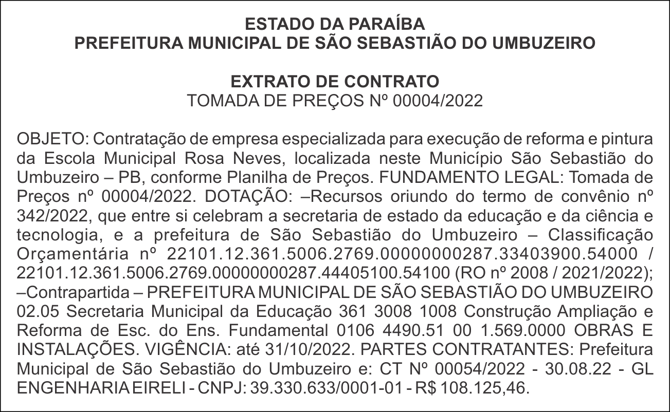 PREFEITURA MUNICIPAL DE SÃO SEBASTIÃO DO UMBUZEIRO – EXTRATO DE CONTRATO – TOMADA DE PREÇOS Nº 00004/2022