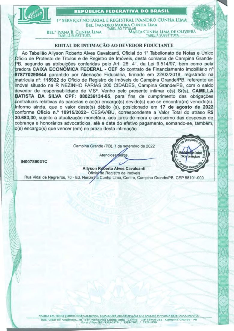 EDITAL DE INTIMAÇÃO AO DEVEDOR FIDUCIANTE