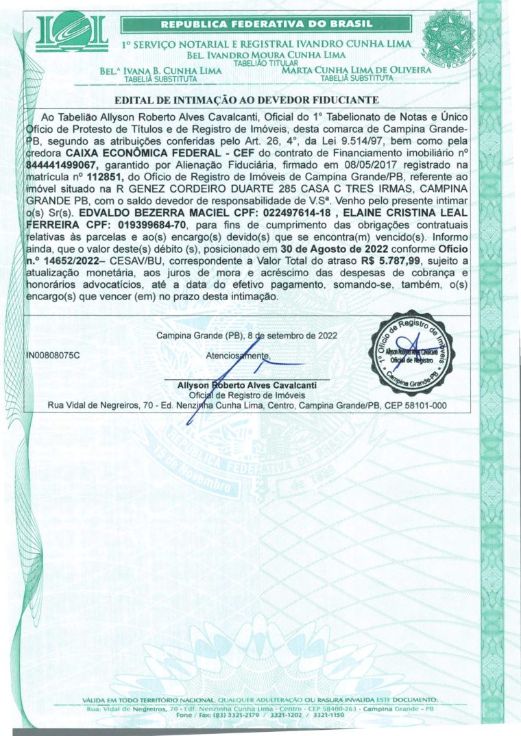 EDITAL DE INTIMAÇÃO AO DEVEDOR FIDUCIANTE
