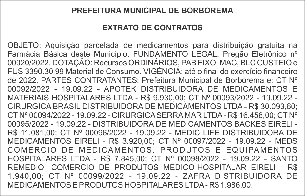 PREFEITURA MUNICIPAL DE BORBOREMA – EXTRATO DE CONTRATOS