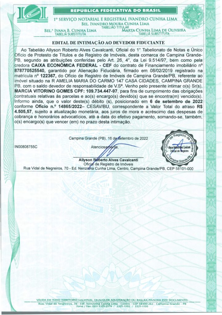 EDITAL DE INTIMAÇÃO AO DEVEDOR FIDUCIANTE