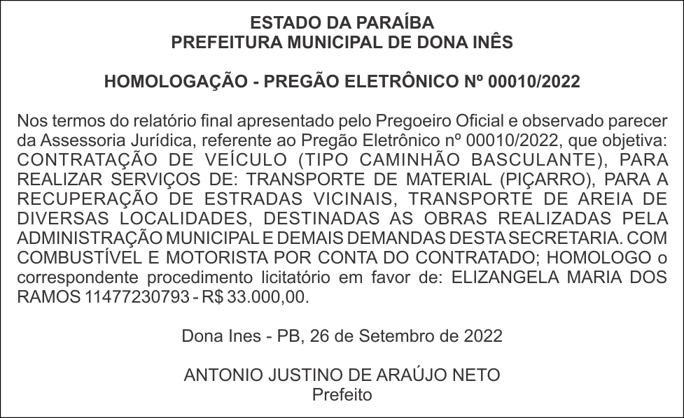 PREFEITURA MUNICIPAL DE DONA INÊS – HOMOLOGAÇÃO – PREGÃO ELETRÔNICO Nº 00010/2022