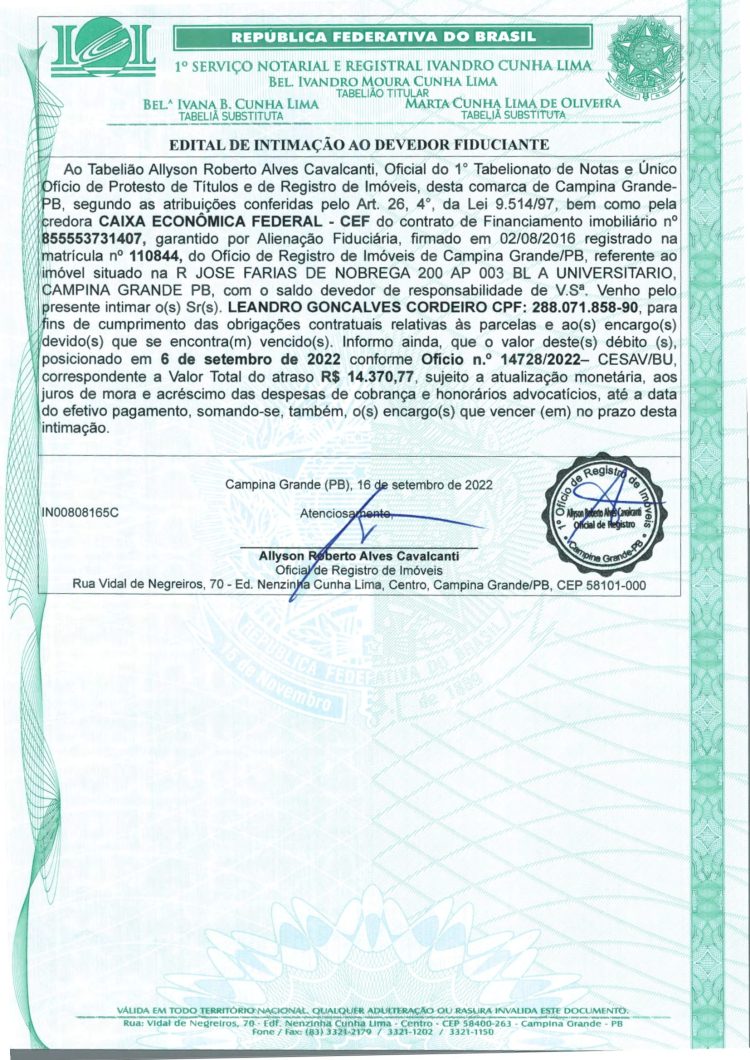 EDITAL DE INTIMAÇÃO AO DEVEDOR FIDUCIANTE