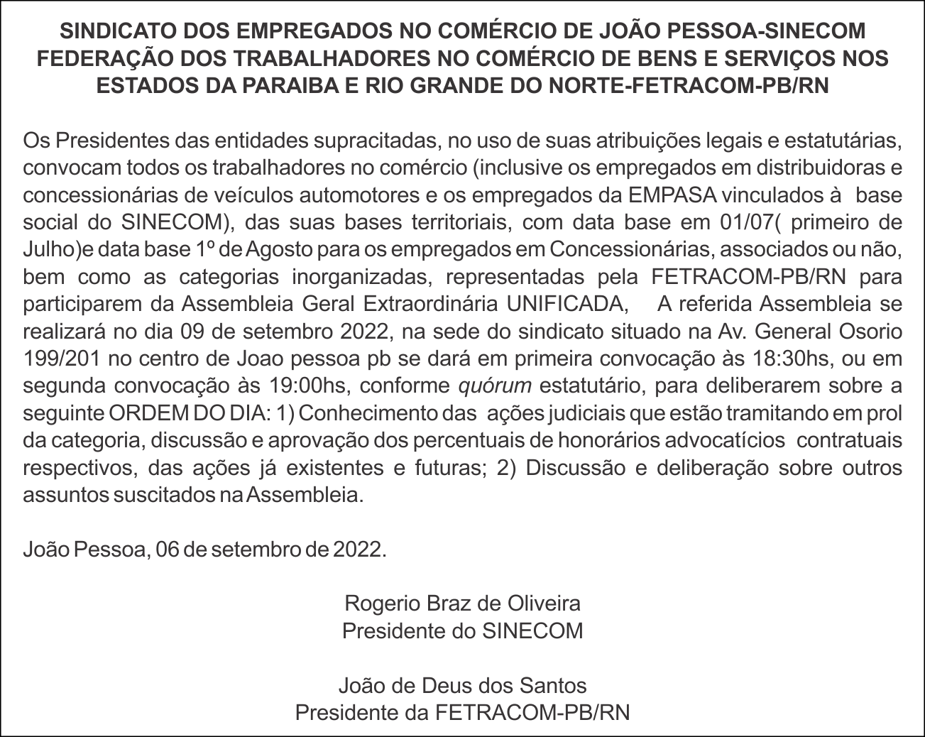 SINECOM e FETRACOM-PB/RN – Edital de Convocação