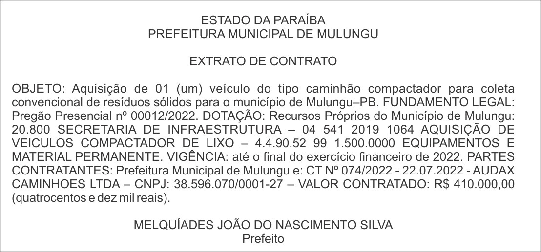 PREFEITURA MUNICIPAL DE MULUNGU – EXTRATO DE CONTRATO