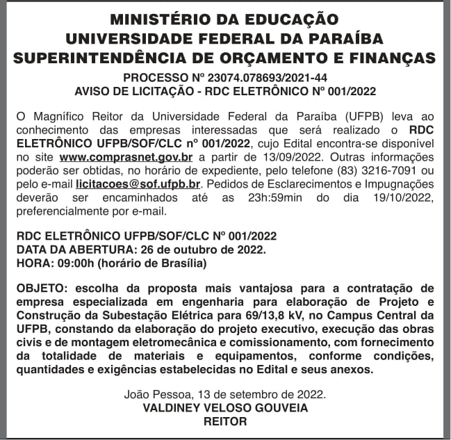 UFPB – AVISO DE LICITAÇÃO – RDC ELETRÔNICO Nº 001/2022