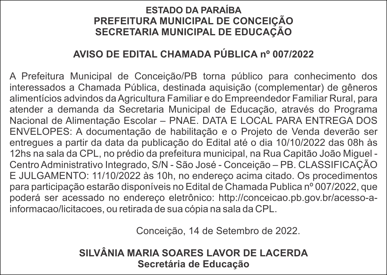 PREFEITURA MUNICIPAL DE CONCEIÇÃO – AVISO DE EDITAL – CHAMADA PÚBLICA nº 007/2022