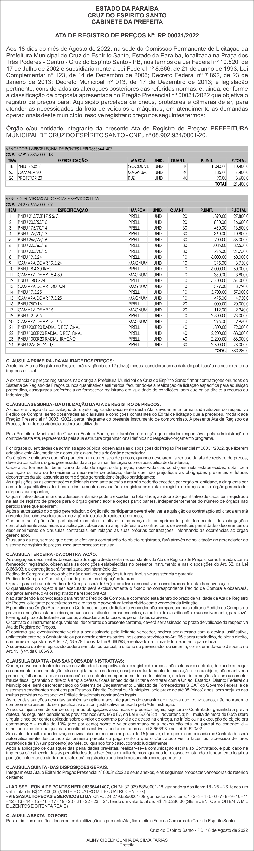 CRUZ DO ESPÍRITO SANTO – ATA DE REGISTRO DE PREÇOS Nº: RP 00031/2022