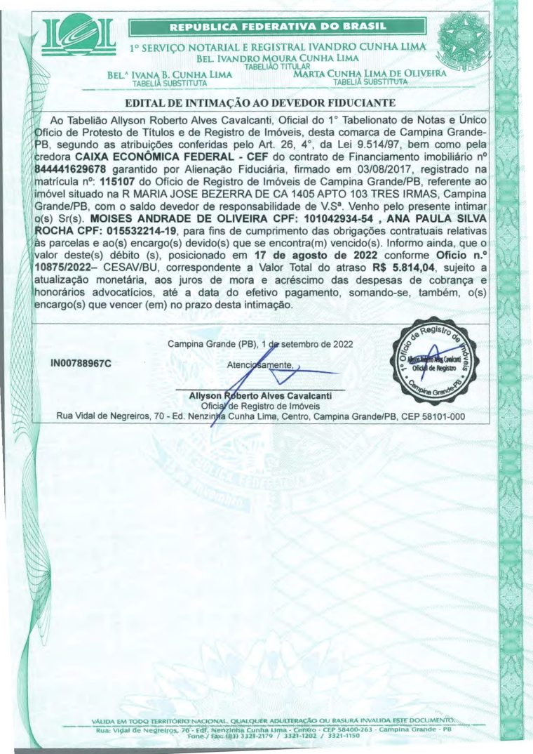 EDITAL DE INTIMAÇÃO AO DEVEDOR FIDUCIANTE
