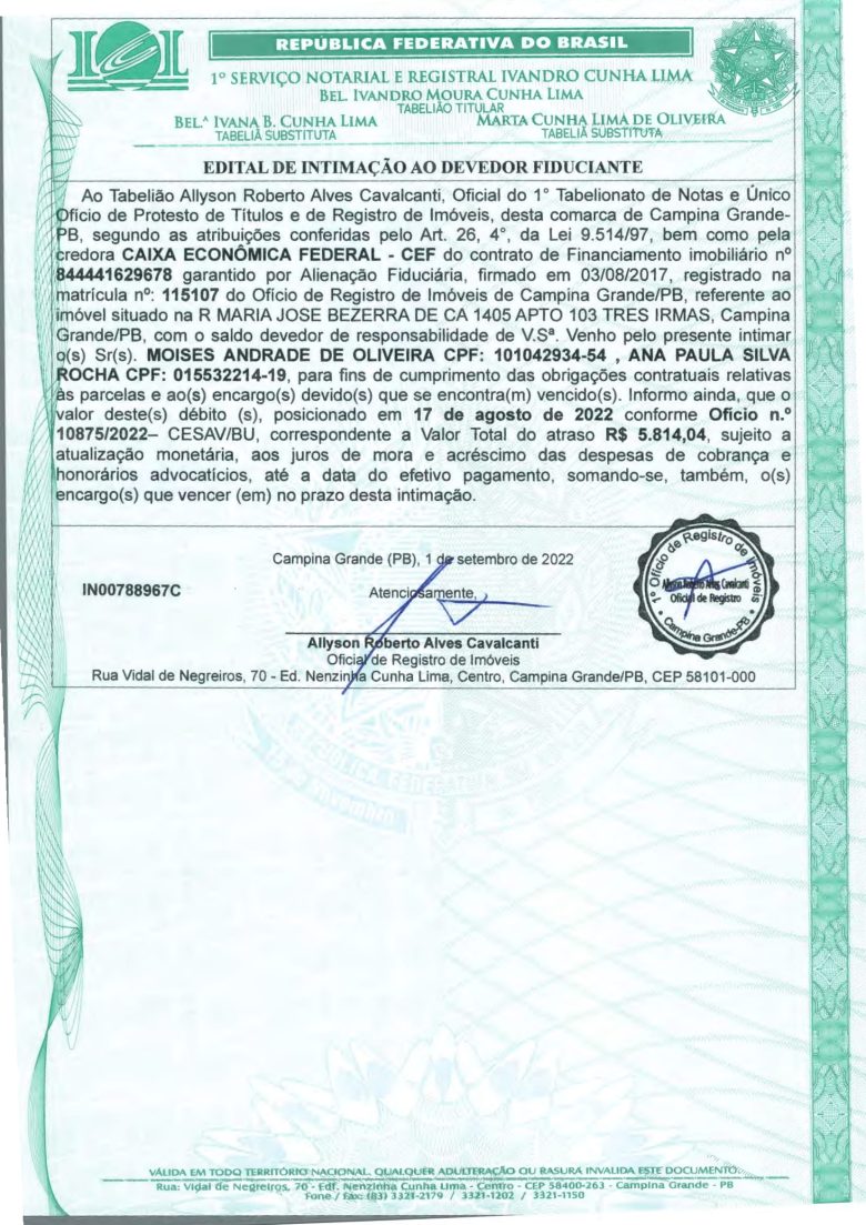 EDITAL DE INTIMAÇÃO AO DEVEDOR FIDUCIANTE