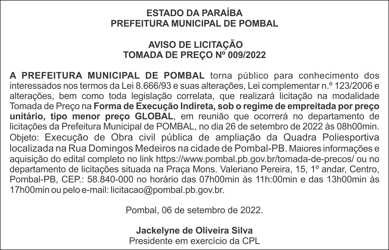 PREFEITURA MUNICIPAL DE POMBAL – AVISO DE LICITAÇÃO – TOMADA DE PREÇO Nº 009/2022