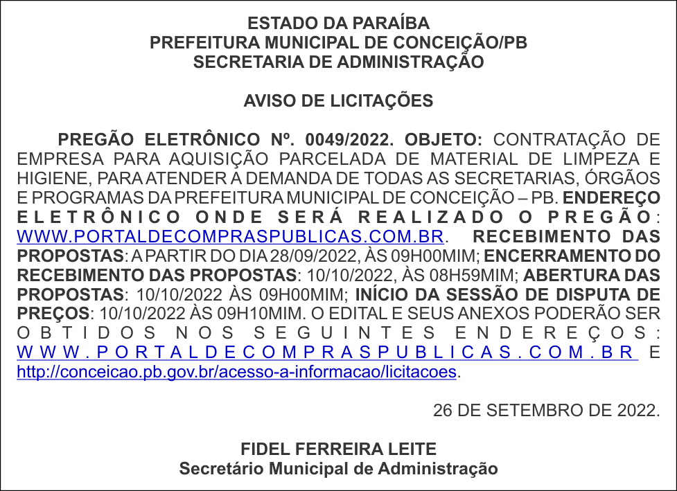 PREFEITURA MUNICIPAL DE CONCEIÇÃO/PB – AVISO DE LICITAÇÕES – PREGÃO ELETRÔNICO N°. 0049/2022.