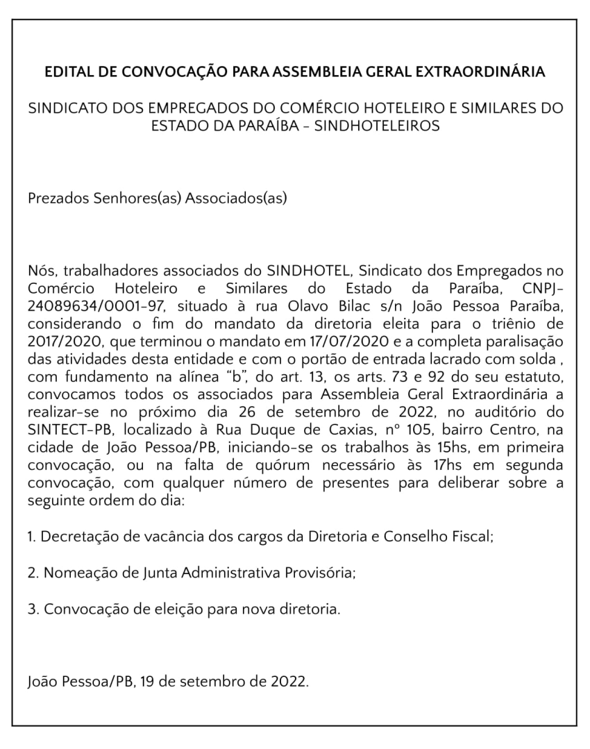 SINDHOTELEIROS – EDITAL DE CONVOCAÇÃO DE ASSEMBLEIA GERAL EXTRAORDINÁRIA