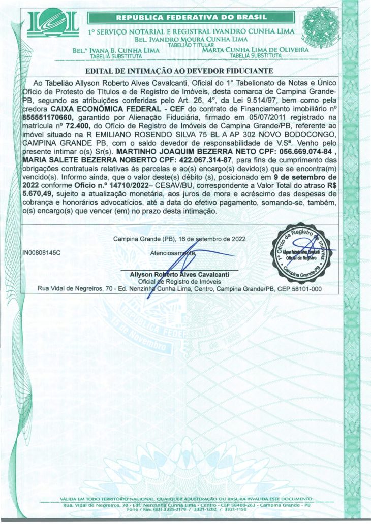 EDITAL DE INTIMAÇÃO AO DEVEDOR FIDUCIANTE