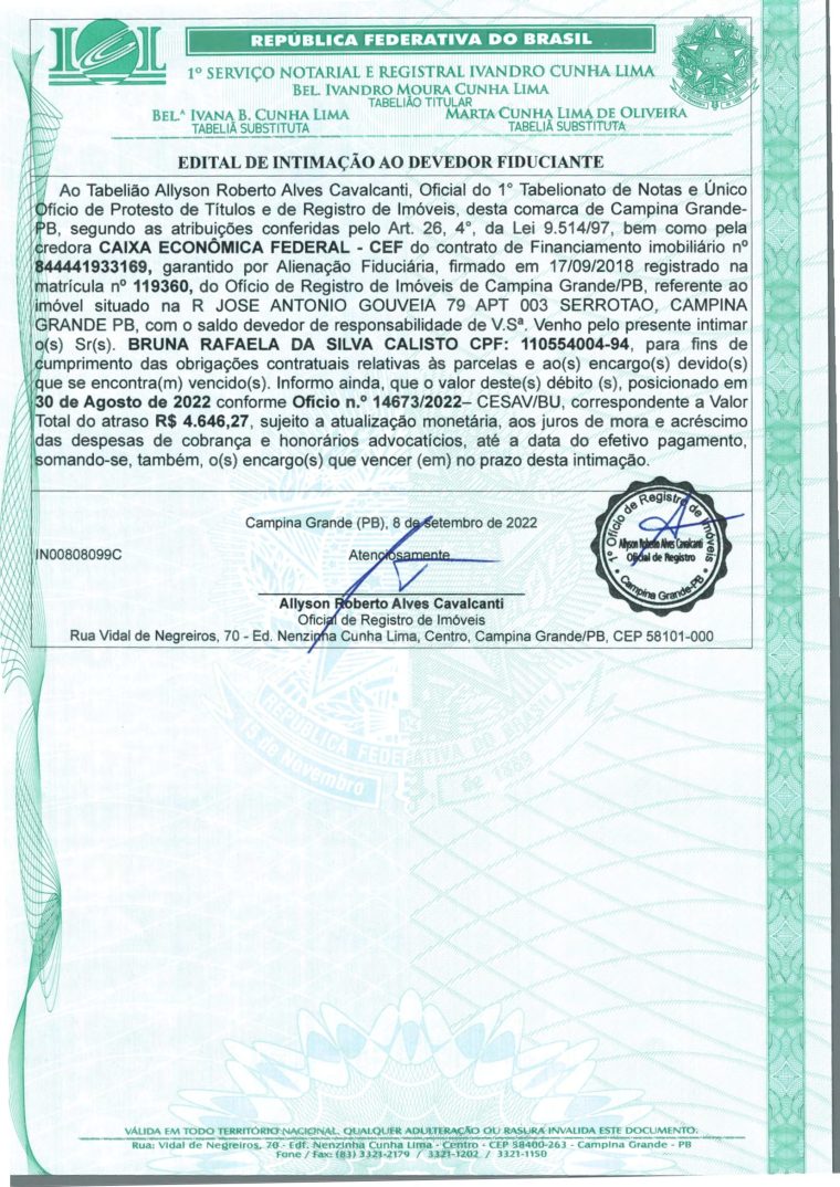 EDITAL DE INTIMAÇÃO AO DEVEDOR FIDUCIANTE