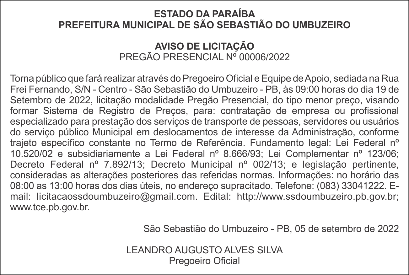 PREFEITURA MUNICIPAL DE SÃO SEBASTIÃO DO UMBUZEIRO – AVISO DE LICITAÇÃO – PREGÃO PRESENCIAL Nº 00006/2022