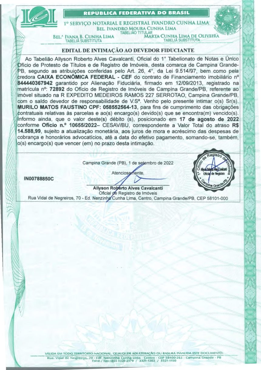 EDITAL DE INTIMAÇÃO AO DEVEDOR FIDUCIANTE