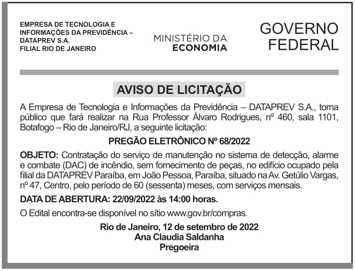 DATAPREV – RJ – AVISO DE LICITAÇÃO – PREGÃO ELETRÔNICO 68/2022