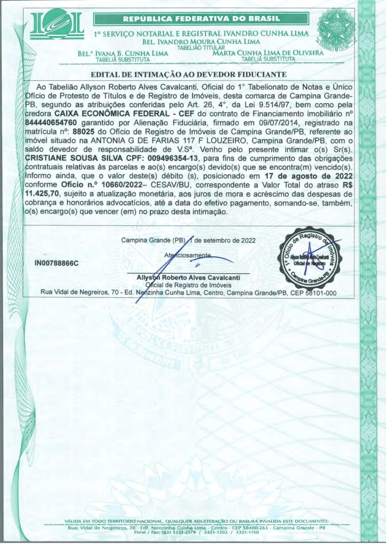 EDITAL DE INTIMAÇÃO AO DEVEDOR FIDUCIANTE