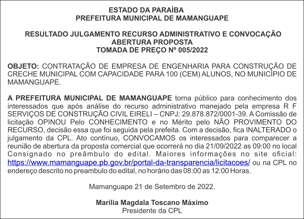 PREFEITURA MUNICIPAL DE MAMANGUAPE –  RESULTADO JULGAMENTO RECURSO ADMINISTRATIVO E CONVOCAÇÃO  ABERTURA PROPOSTA – TOMADA DE PREÇO Nº 005/2022