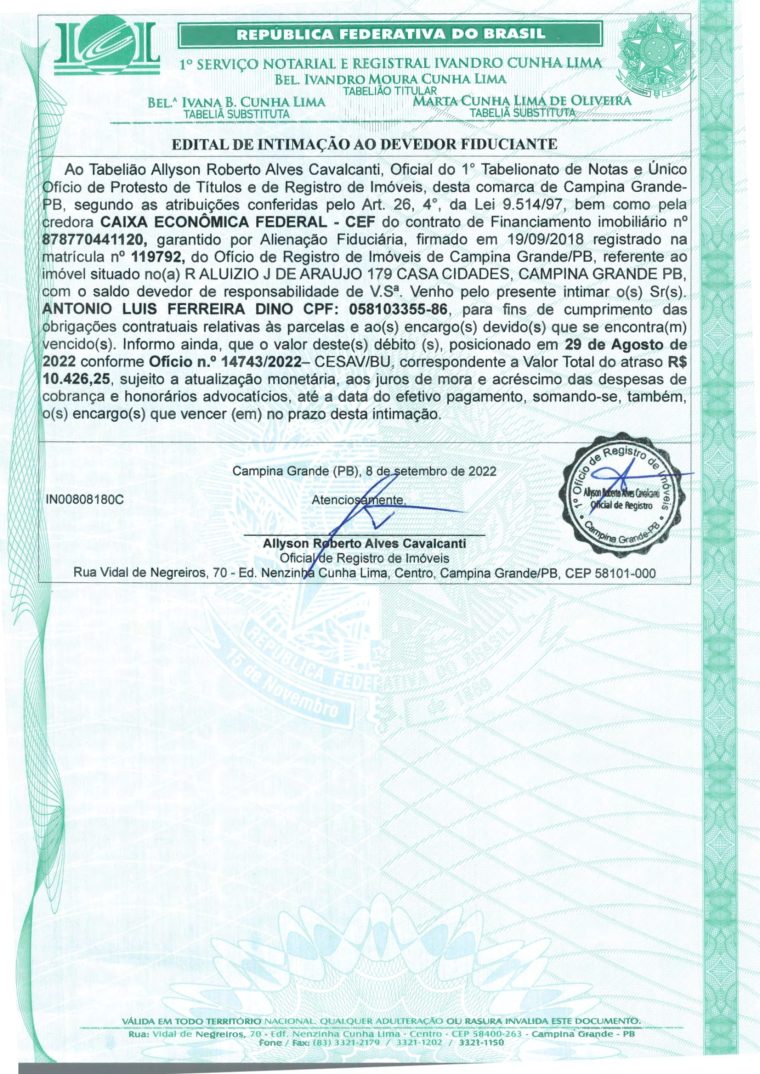 EDITAL DE INTIMAÇÃO AO DEVEDOR FIDUCIANTE