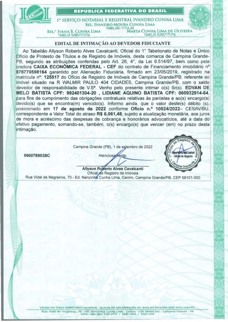 EDITAL DE INTIMAÇÃO AO DEVEDOR FIDUCIANTE