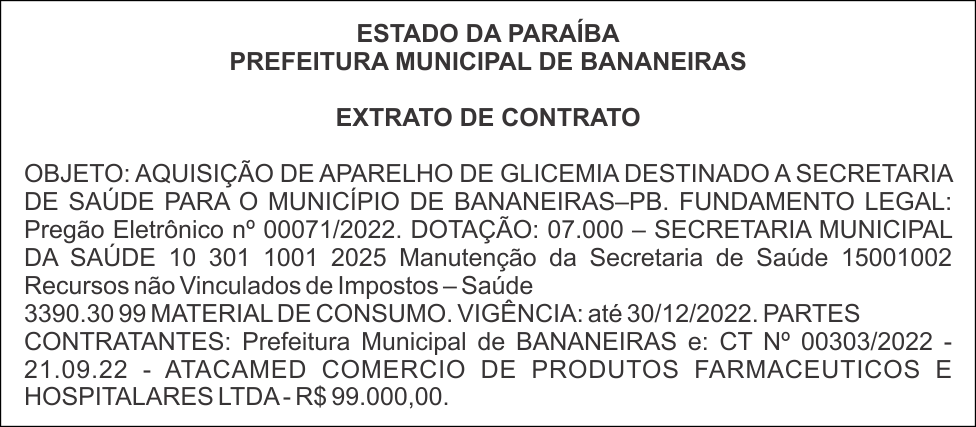 PREFEITURA MUNICIPAL DE BANANEIRAS – EXTRATO DE CONTRATO