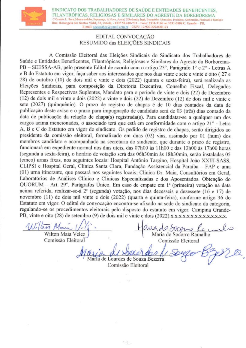 SEESSA-AB – EDITAL CONVOCAÇÃO RESUMIDO DAS ELEIÇÔES SINDICAIS