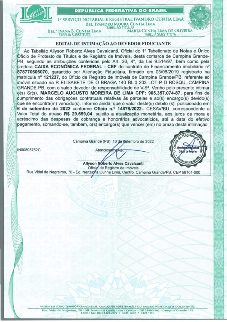 EDITAL DE INTIMAÇÃO AO DEVEDOR FIDUCIANTE