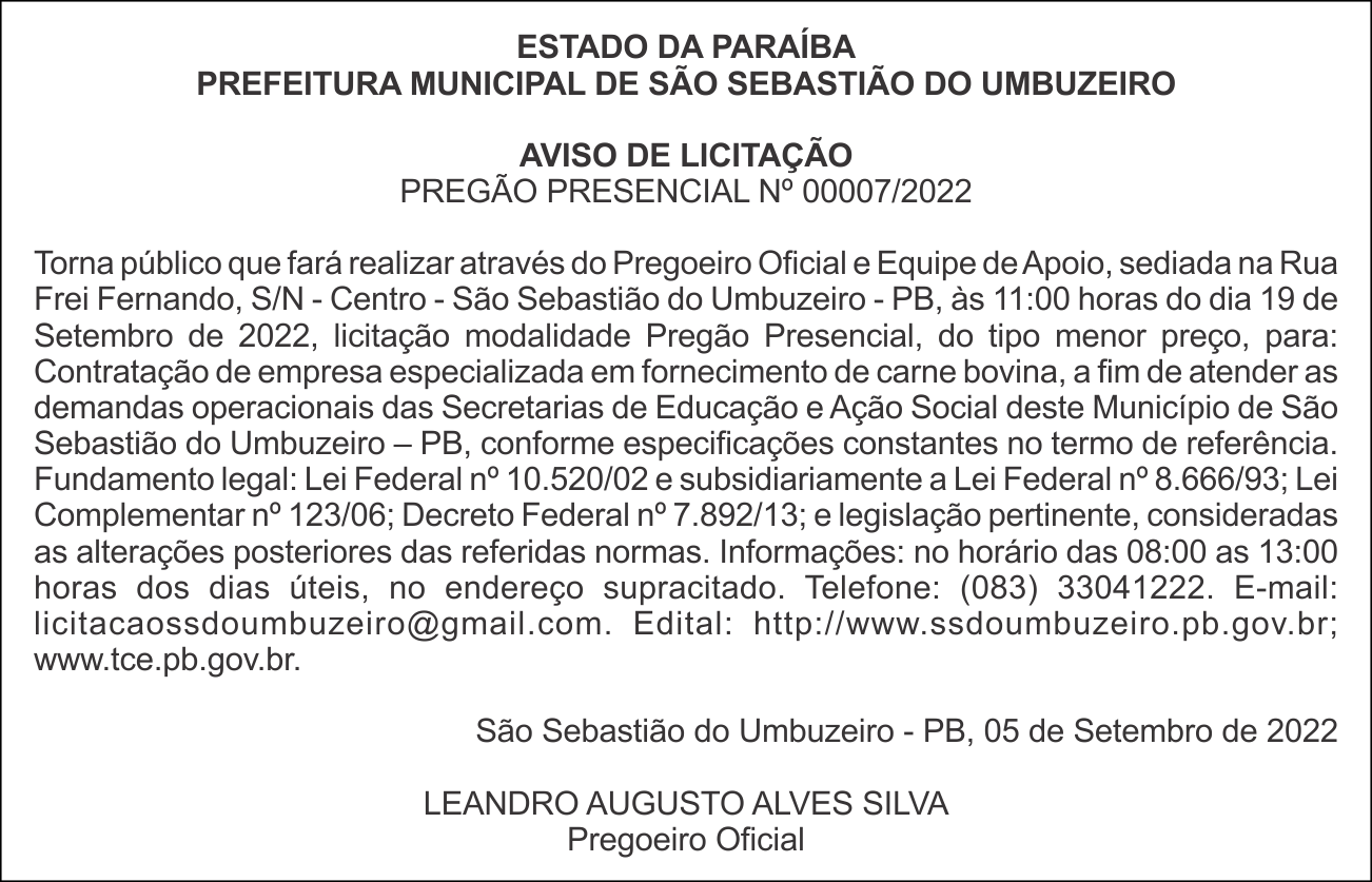 PREFEITURA MUNICIPAL DE SÃO SEBASTIÃO DO UMBUZEIRO – AVISO DE LICITAÇÃO – PREGÃO PRESENCIAL Nº 00007/2022