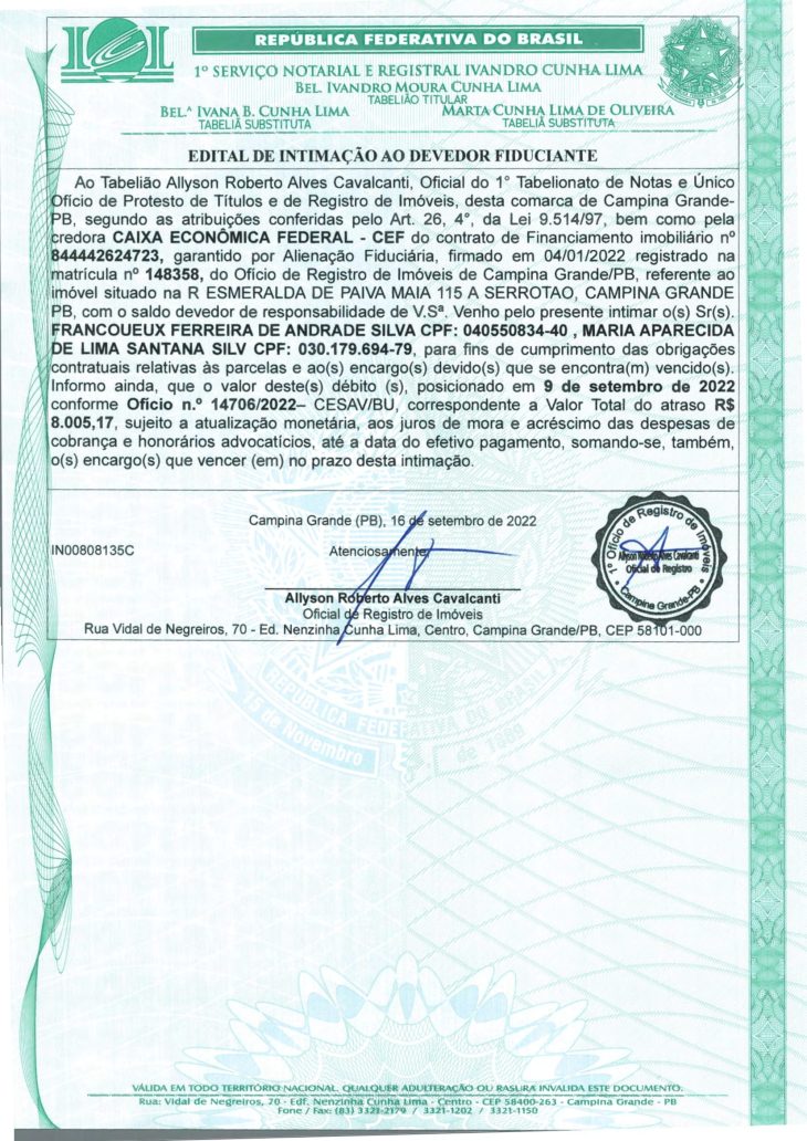 EDITAL DE INTIMAÇÃO AO DEVEDOR FIDUCIANTE