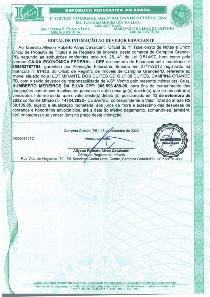 EDITAL DE INTIMAÇÃO AO DEVEDOR FIDUCIANTE