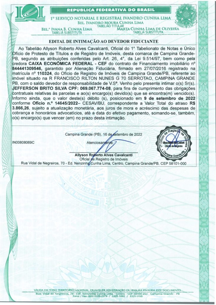 EDITAL DE INTIMAÇÃO AO DEVEDOR FIDUCIANTE