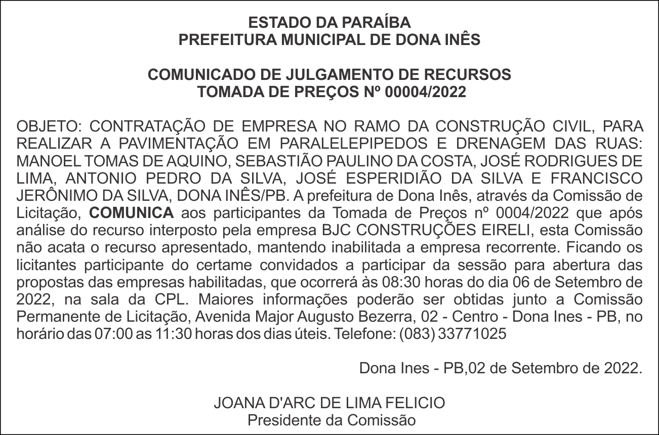 PREFEITURA MUNICIPAL DE DONA INÊS – COMUNICADO DE JULGAMENTO DE RECURSOS – TOMADA DE PREÇOS Nº 00004/2022