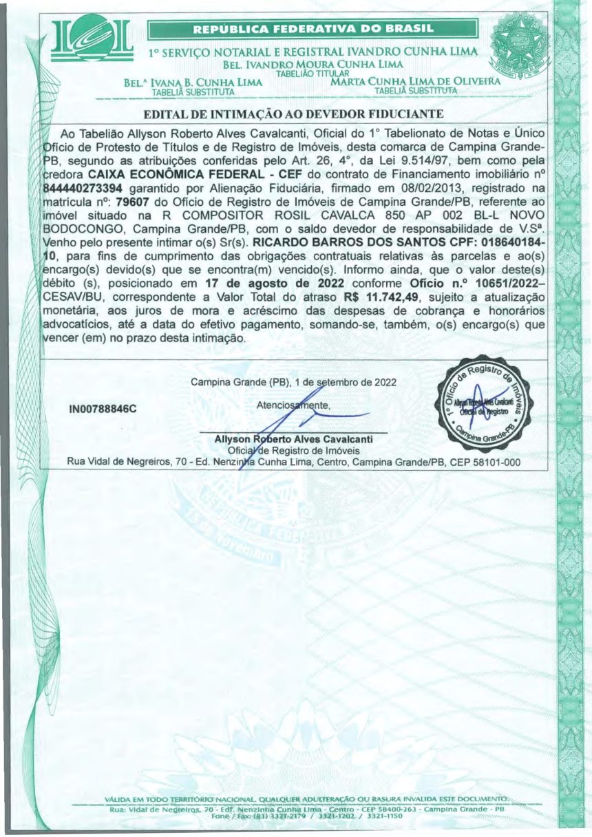 EDITAL DE INTIMAÇÃO AO DEVEDOR FIDUCIANTE
