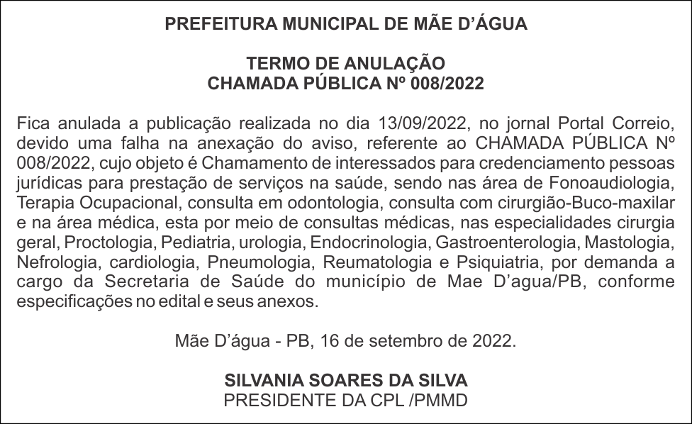 PREFEITURA MUNICIPAL DE MÃE D’ÁGUA  – TERMO DE ANULAÇÃO  – CHAMADA PÚBLICA Nº 008/2022